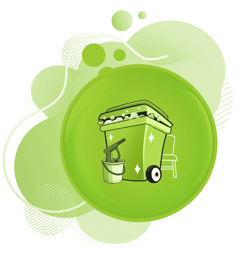 A green trash bin with cleaning supplies and a chair, representing professional junk removal, cleanout, and hauling services.