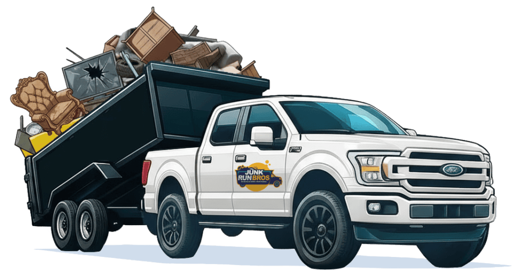 A white junk removal truck loaded with furniture, appliances, and debris ready for property cleanout and hauling services.