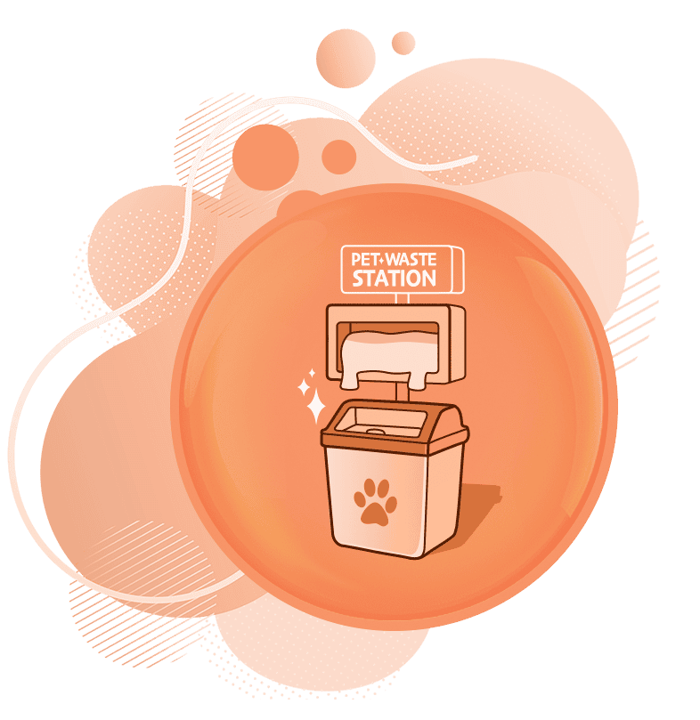 Pet waste station with trash bin and disposal sign, related to junk removal and property management services.