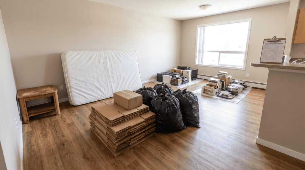 apartment trash out items organized before cleanout
