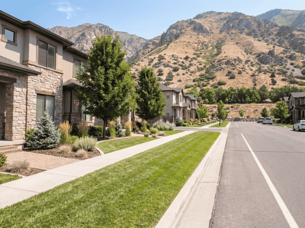 A quiet suburban street with well-maintained homes, green lawns, and trees, set against a backdrop of scenic mountains and cl.