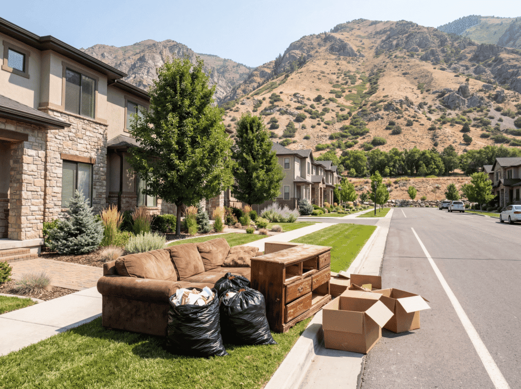 Junk removal and cleanout services in a suburban neighborhood with furniture and boxes on the curbside.