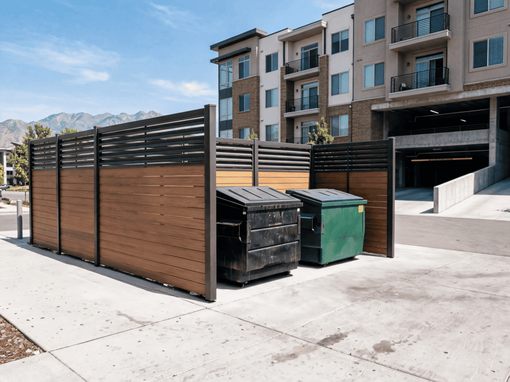 Trash bins behind privacy fence at apartment complex for waste disposal.