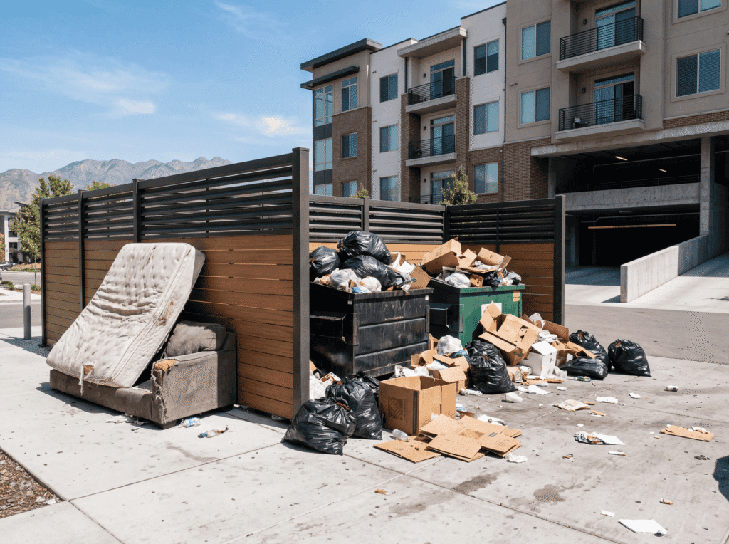 Overflowing dumpster with trash and debris outside apartment building, requiring professional junk removal services.