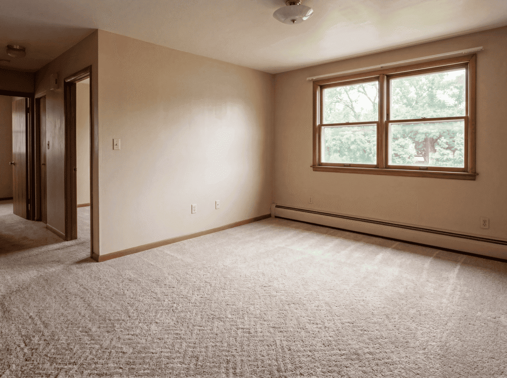 Empty living room with large window and beige walls, ready for renovation or cleaning services.