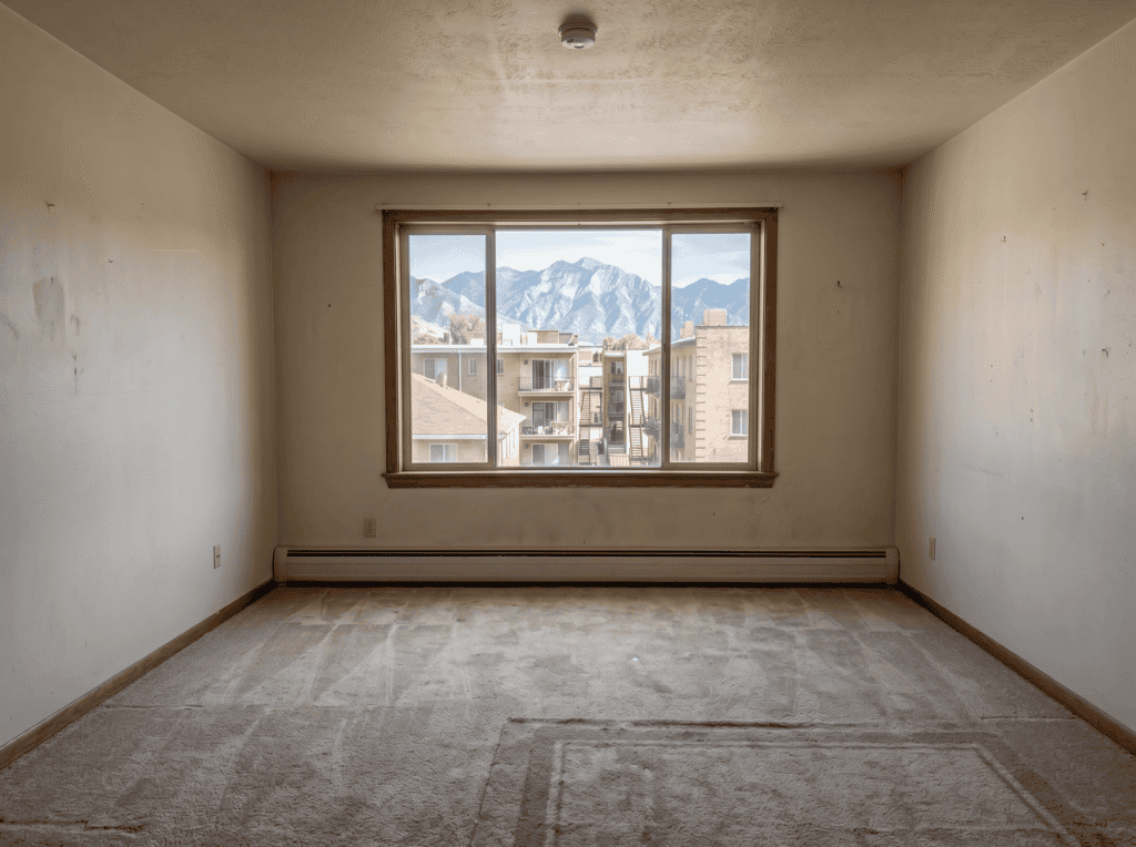 Empty room with large window and mountain view, ready for cleaning or renovation.