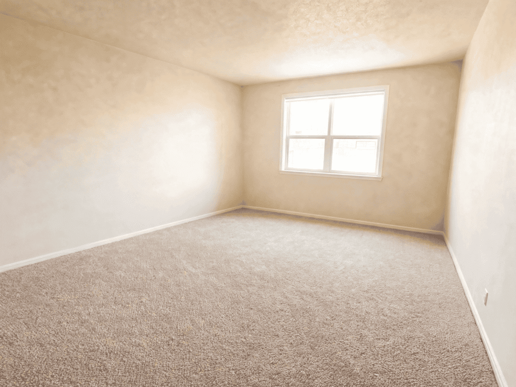 Empty room with beige walls and carpet, natural light from window.