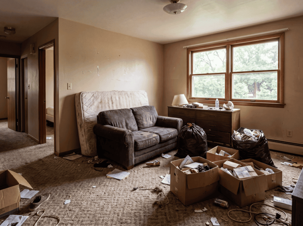 Cluttered living room with boxes and trash after junk removal service.
