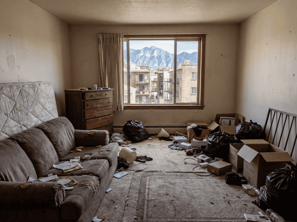 An untidy living room filled with trash bags, boxes, and debris, showing the need for professional junk removal and cleanout.