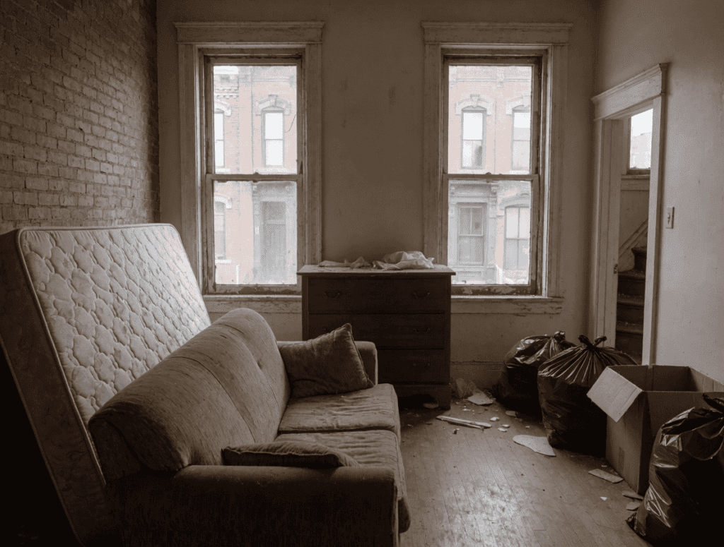 Old, cluttered room with furniture and trash for junk removal service.