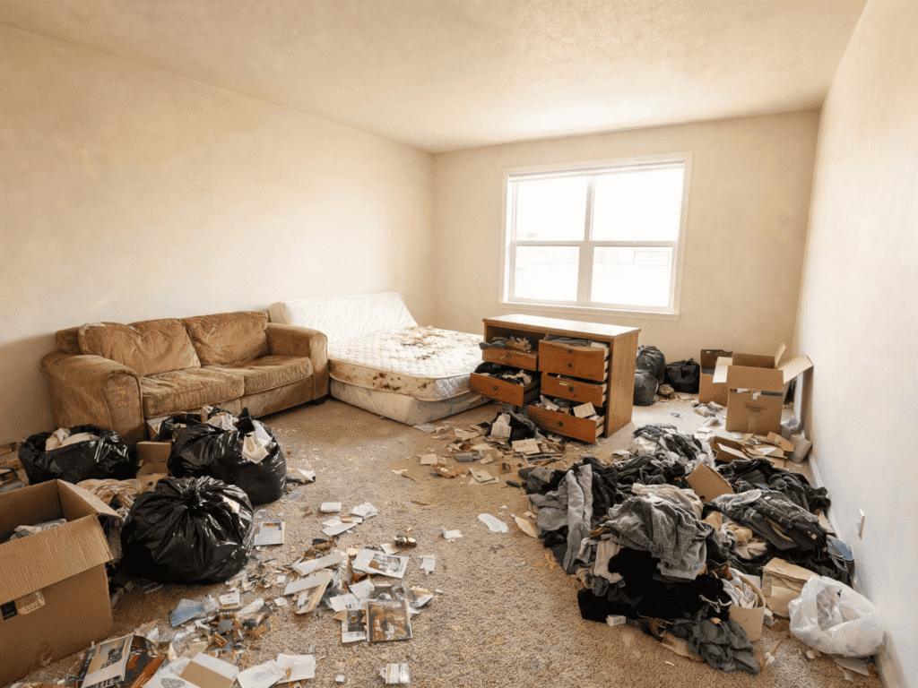A messy room filled with trash bags, debris, and discarded items after junk removal service.