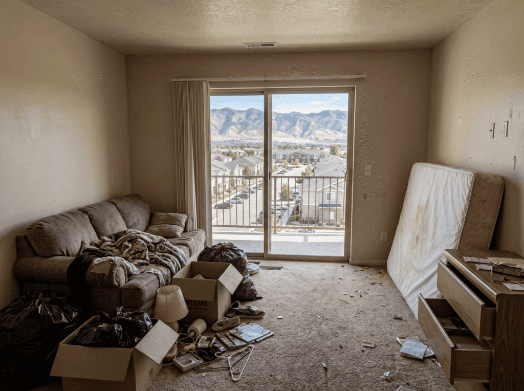 Interior of a cluttered living room with boxes, trash, and furniture, ready for junk removal services.