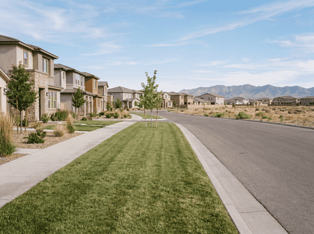 Clean suburban neighborhood with new houses, manicured lawns, and mountain backdrop, ideal for property management cleanout a.