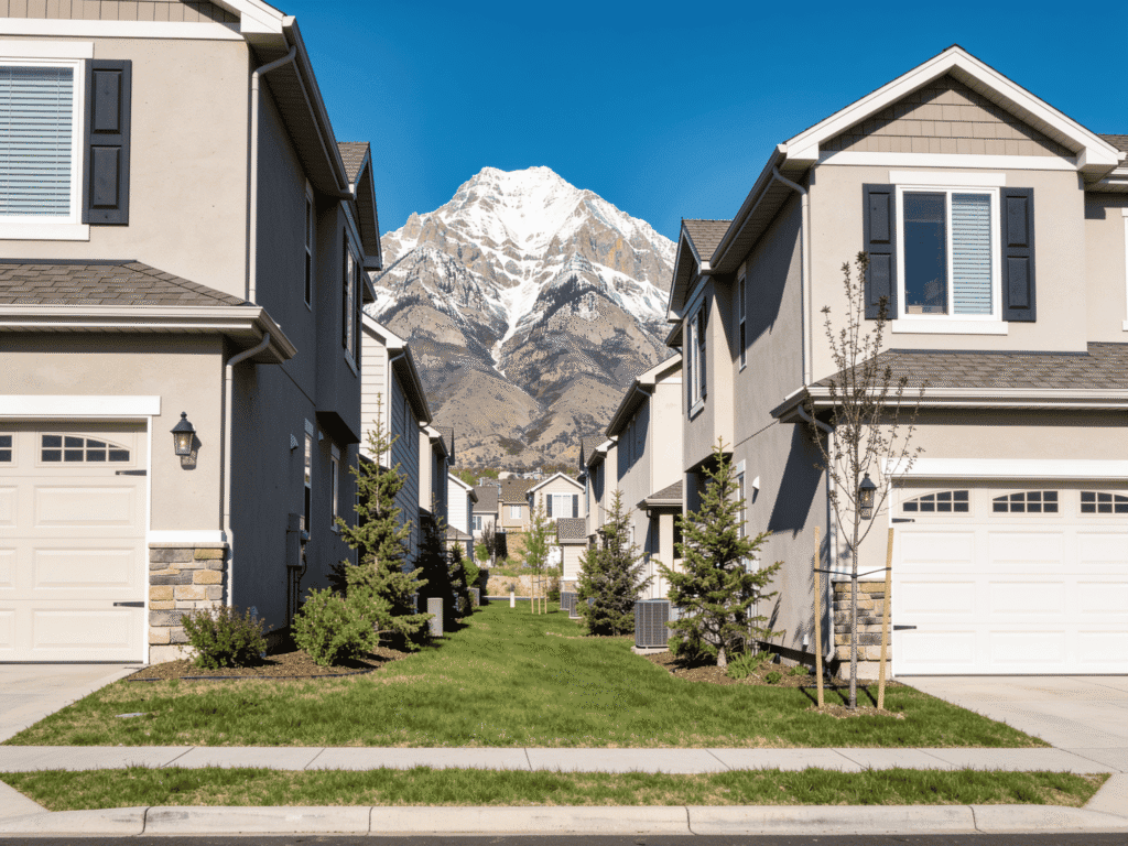Beautiful suburban neighborhood with new houses and snow-capped mountains in the background.