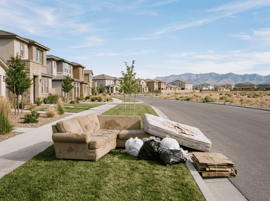 Discarded sofa, mattress, and trash bags on a suburban lawn after junk removal.