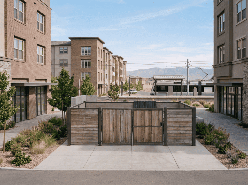 A wooden privacy fence in a residential apartment courtyard, with surrounding buildings and mountain views in the background.