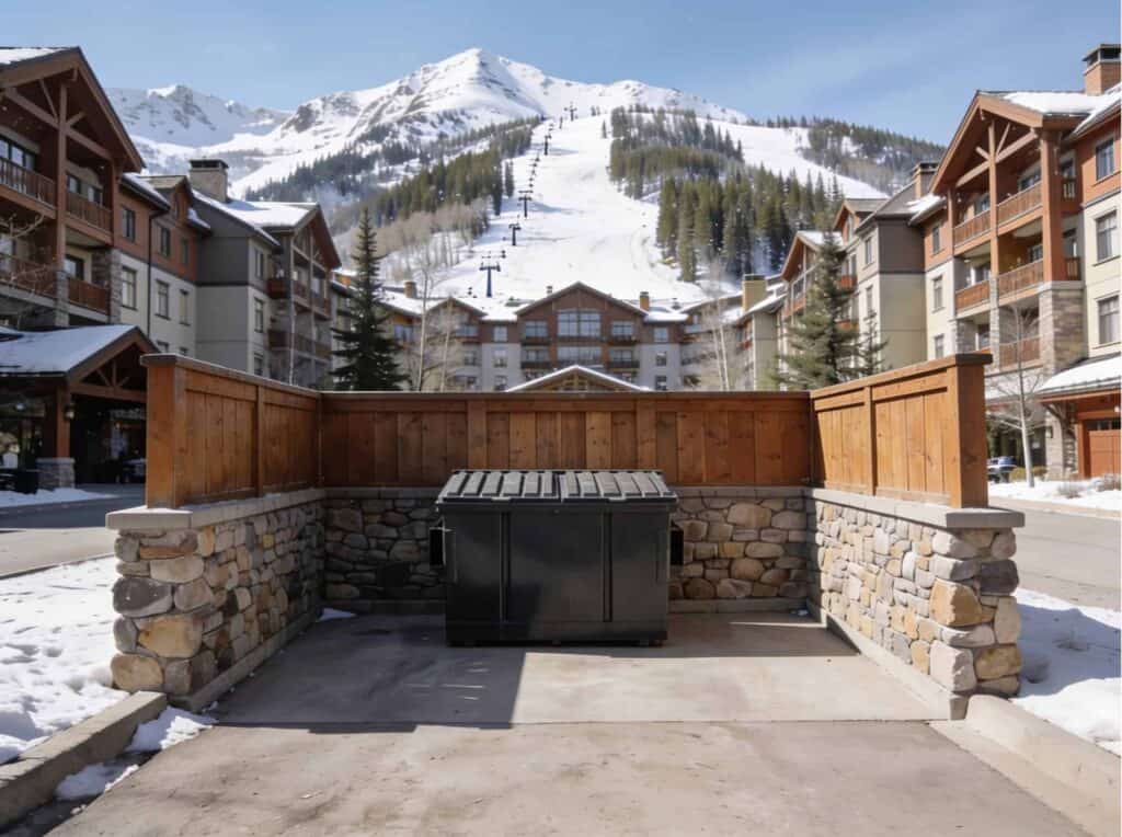 A snow-covered mountain with ski slopes and trees, seen from a residential area with a trash bin in the foreground.