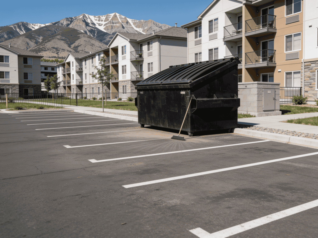 Trash dumpster in an empty parking lot near modern apartment buildings with mountain scenery in the background.