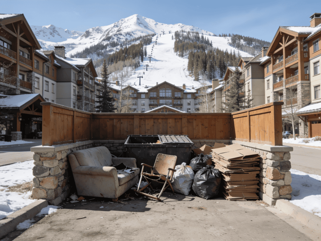 Outdoor trash and debris collection at mountain resort in winter.