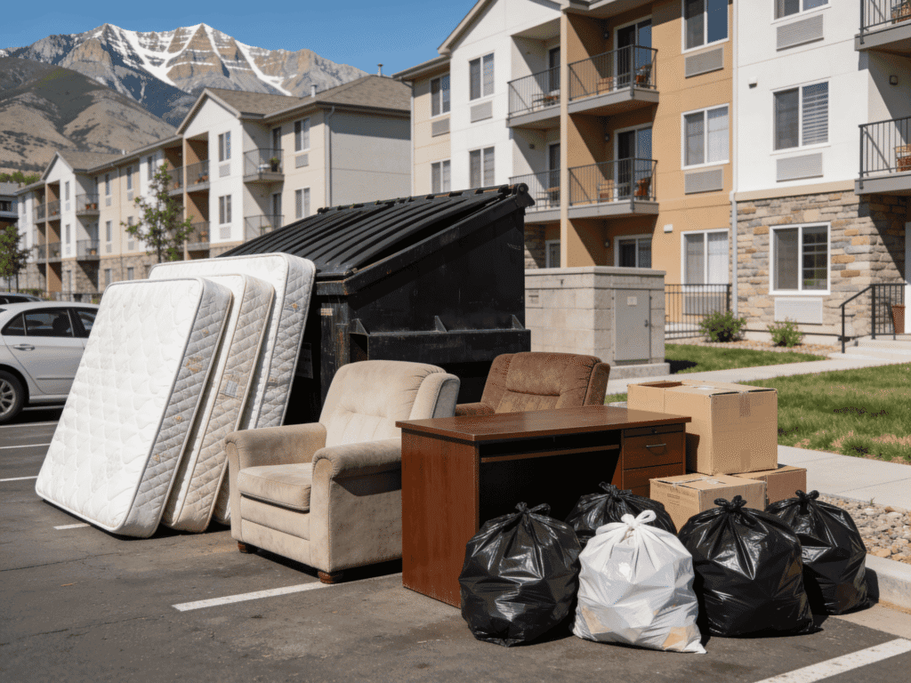 Junk removal service with mattresses, sofas, and boxes ready for pickup in a residential area.