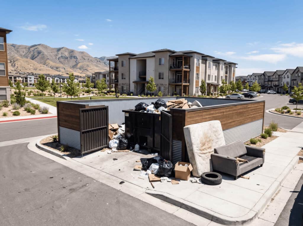 Overflowing dumpster with trash, furniture, and debris in a residential community.