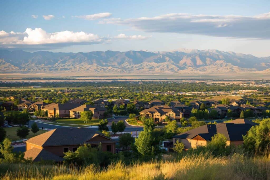 Beautiful suburban neighborhood with houses and lush greenery, set against a stunning mountain range in the background.