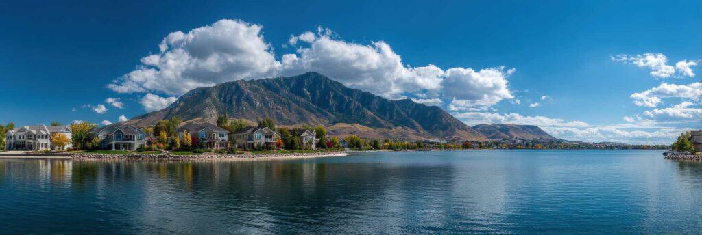 A serene mountain lake reflecting blue skies and fluffy clouds, with a small town along the shoreline and majestic mountains.